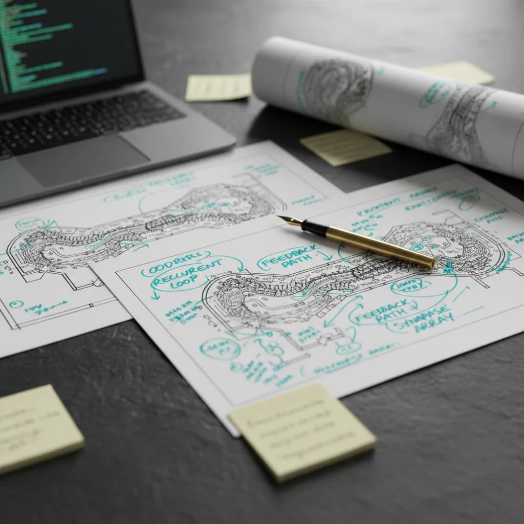 Hand-drawn neural network diagram with feedback loops on a desk
