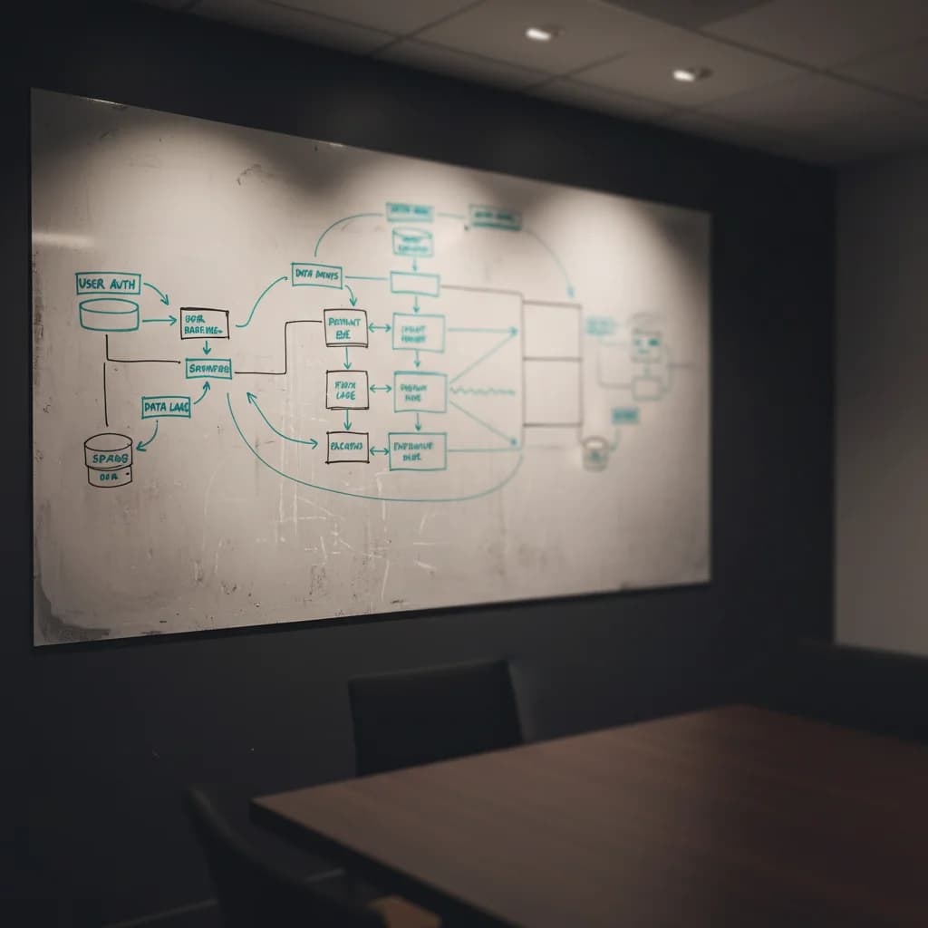 Whiteboard system architecture diagram showing data flow between services