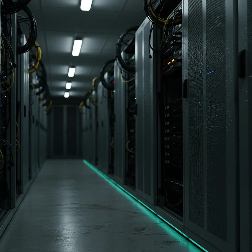 Data centre server room corridor lined with networking racks and cabling