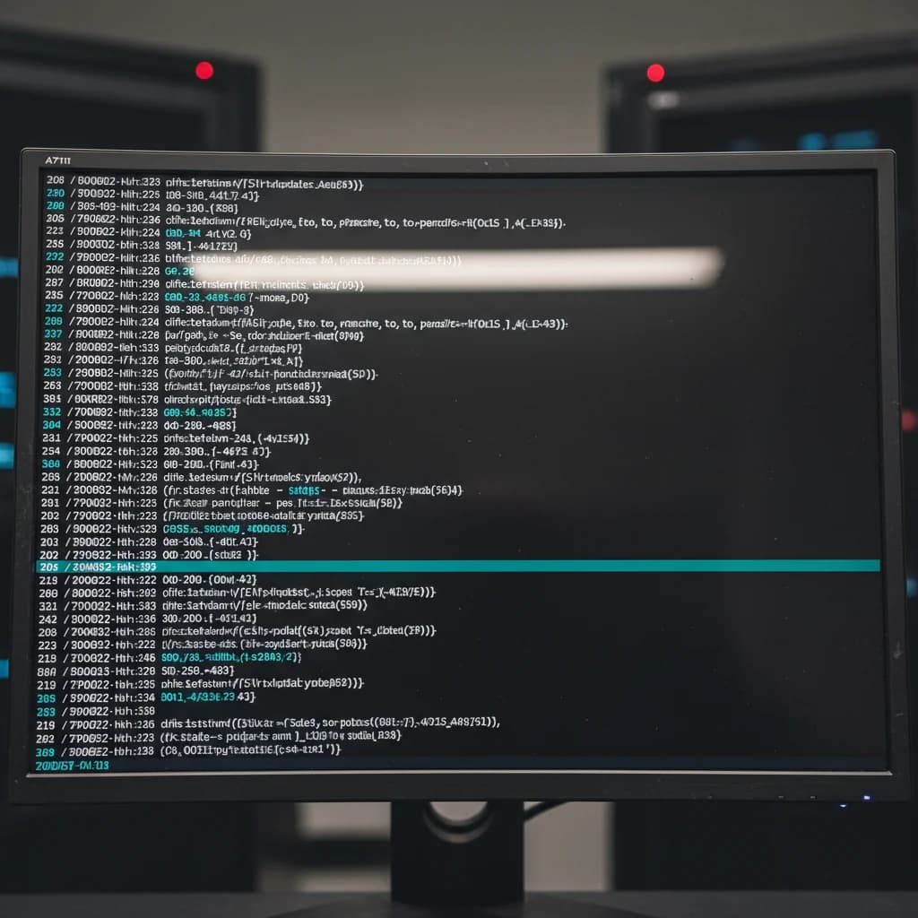 Computer monitor showing dense database log output in a server room