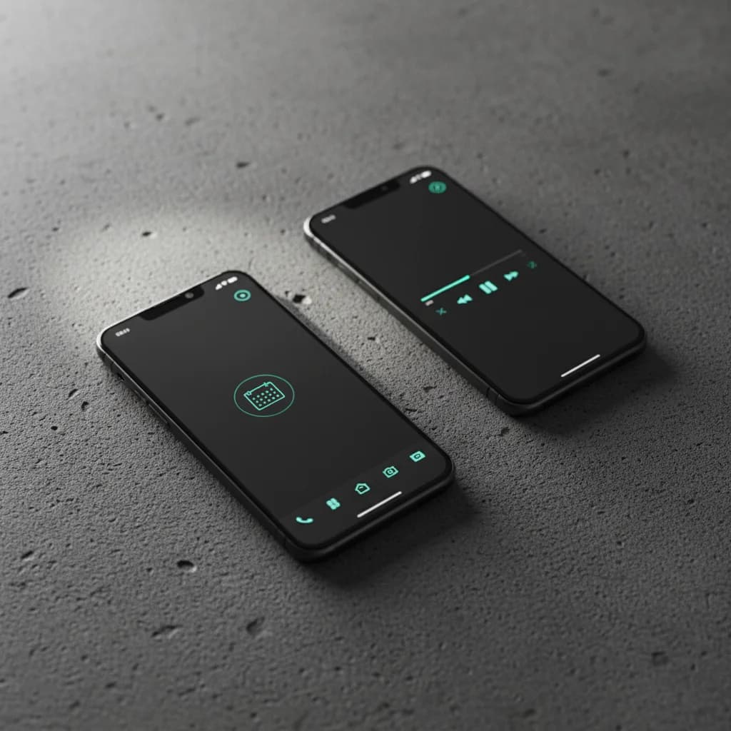 Two smartphones displaying a mobile app interface on a textured surface