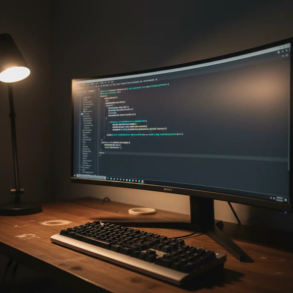 Code editor on a curved monitor under warm desk lamp light
